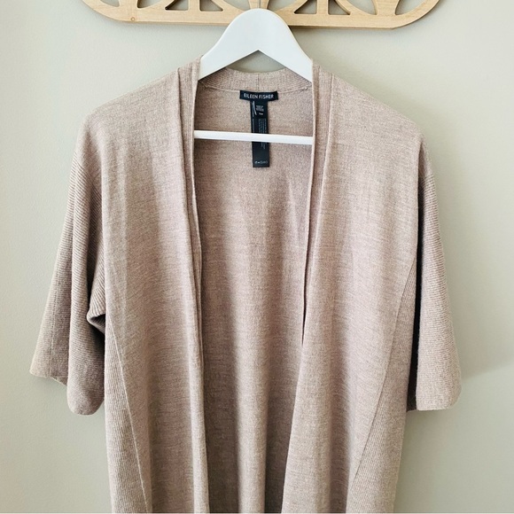 Eileen Fisher Short Sleeve Open Front Cardigan Sweater Tan Sz Small - Picture 2 of 8